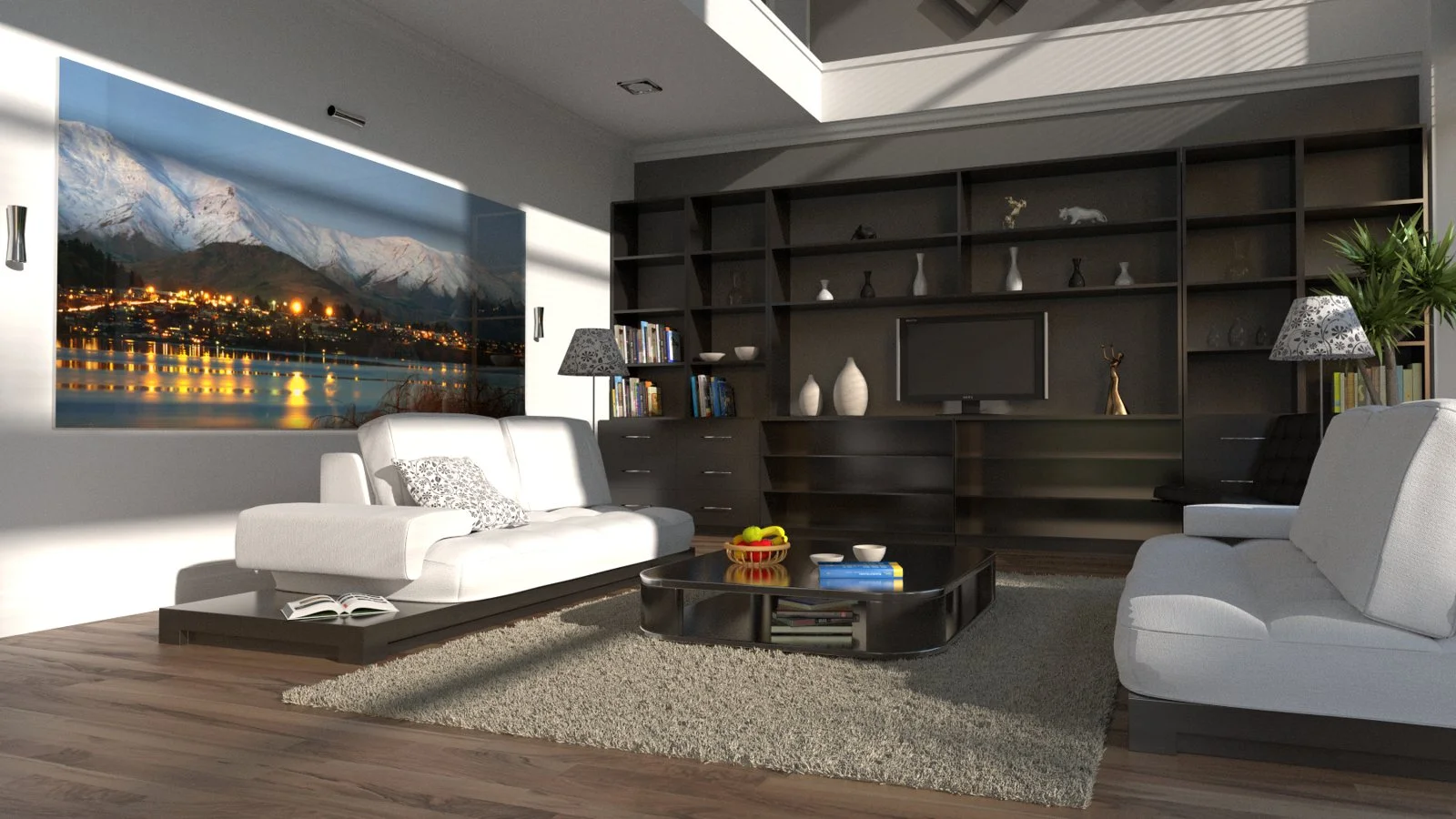 Photorealistic 3D interior render of a modern living space with warm lighting, contemporary furniture, and natural materials
